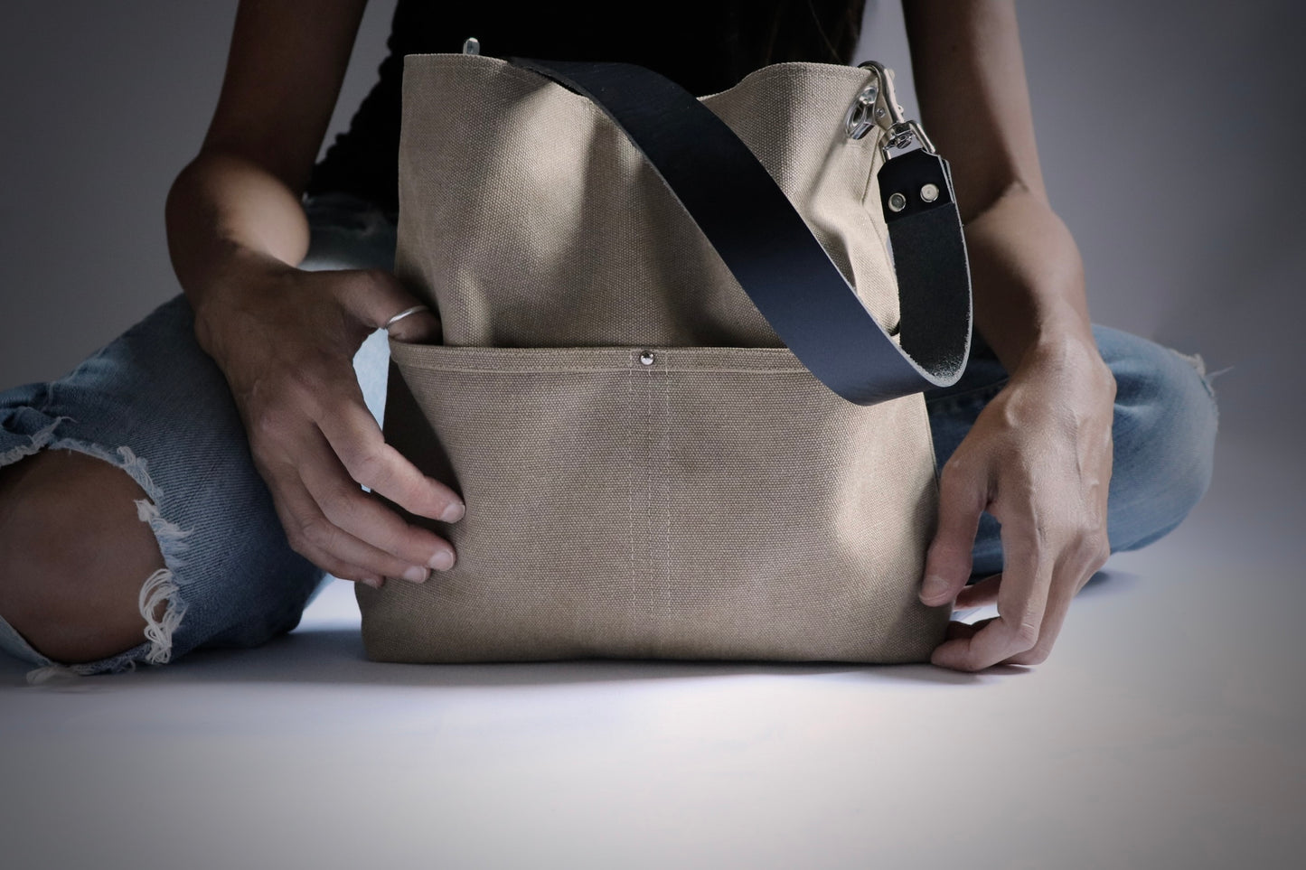 Canvas Hobo Bag, Bucket Bag in Khaki, Medium Size Tote Bag